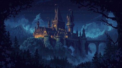 Fototapeta premium Gothic Castle Pixel Art On Misty Hilltop With Starry Night And Stone Bridge