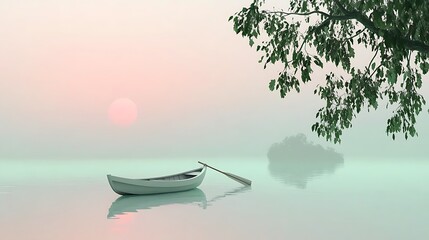 Serene Sunrise: Rowboat on Misty Lake