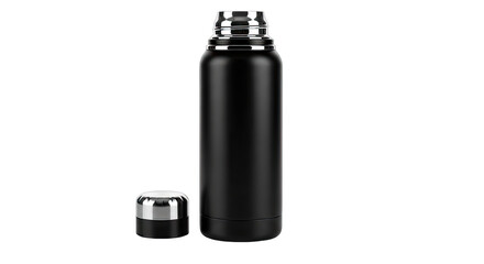 Sleek Black Insulated Water Bottle with Silver Cap and Base Isolated on Transparent Background Studio Shot
