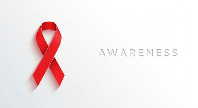Red ribbon  AWARENESS on white symbolizing global health campaigns