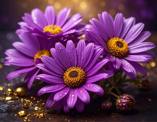Obraz premium Close-up of four purple daisy-like flowers with yellow centers on a dark background
