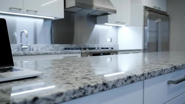 Modern kitchen workspace with laptop on granite counter.