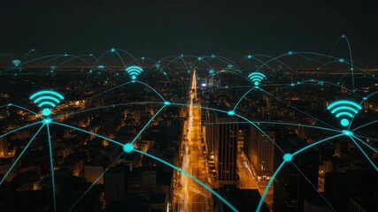 Modern city skyline ablaze with vibrant wifi signal technology illuminating connectivity speeds - Powered by Adobe