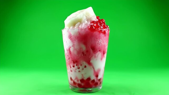Strawberry Swirl Milkshake With Ice Cream Floats On Green Background.