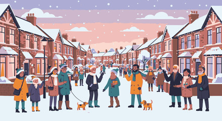 A diverse community of people enjoying a snowy winter day on a traditional residential street with terraced houses.