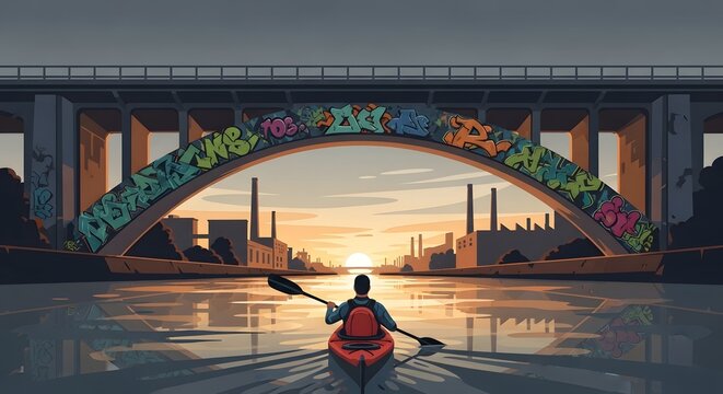 Person Kayaking Under Graffiti Bridge During Sunset in Urban Waterway - Powered by Adobe