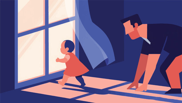 Illustration Of A Father Looking After A Child Who Is Learning To Walk Vector Design Template