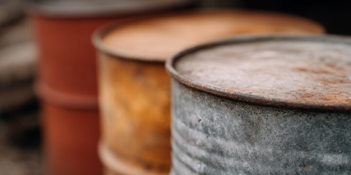 Row of rusty metal barrels with one of them being a silver can