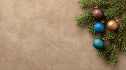 Christmas tree with four ornaments on a brown background