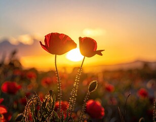 Two red poppies silhouetted against a golden sunset