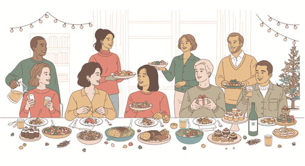 A diverse group of people enjoying a festive meal together at a long table.