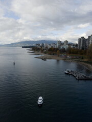 Aerial View of Vancouver’s Sunset Beach and West End Skyline on a Cloudy Autumn Day