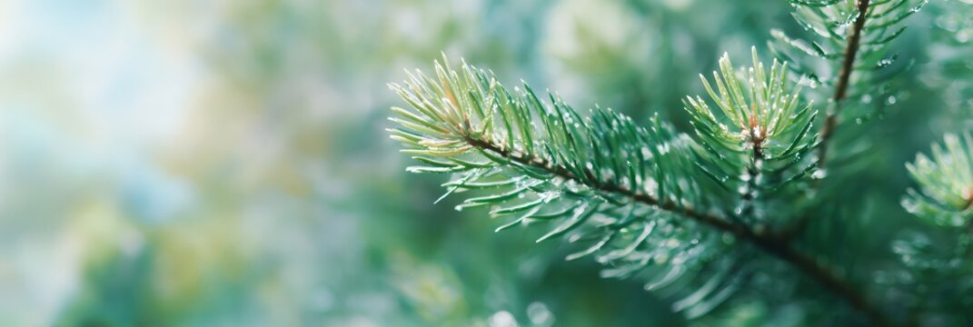 Green tree branch with snow on it