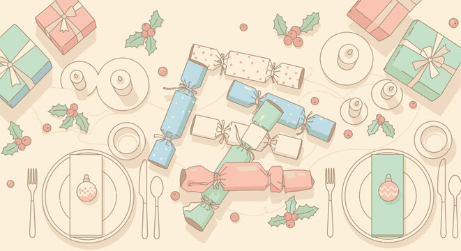 Illustrated top-down view of a festive Christmas dinner table with crackers, gifts, and place settings.