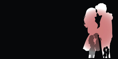Romantic vector template. Couple silhouette with a pink gradient effect on a solid black background. Wide copy space is provided for text. Ideal for luxury branding, or romantic announcement.