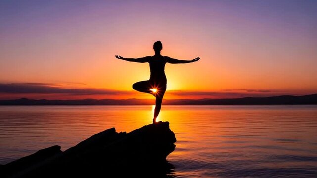 Silhouette of a woman practicing yoga tree pose on a rock at sunset over the ocean.