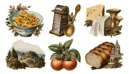 Vintage Kitchen Elements Including Pasta Grater, Cheese, and Bread on Isolated Background