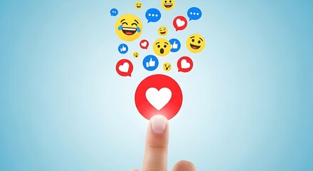 Finger touching heart emoji with social media icons on a blue background