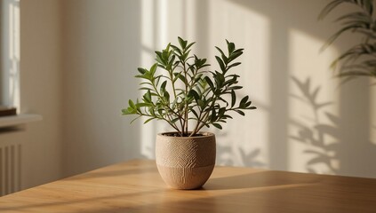 Small Plant On Wooden Table In Modern Room Light