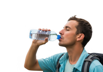 Man quenching thirst with bottled water. isolated on transparent background