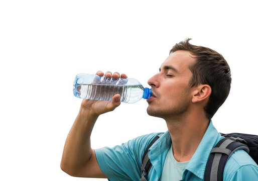 Man quenching thirst with bottled water. isolated on transparent background