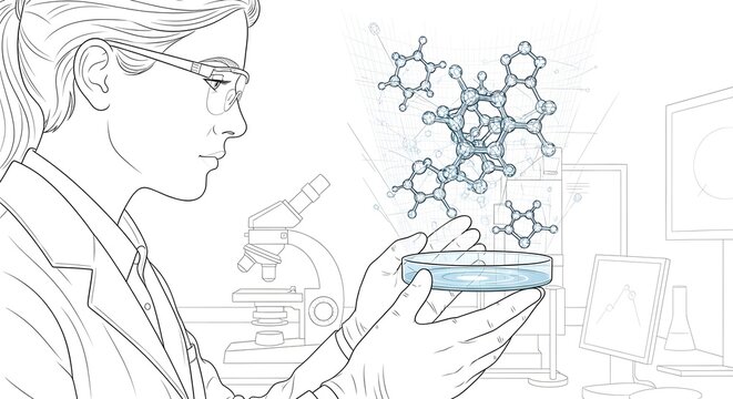 Scientist Analyzing Molecular Structure in Laboratory with Digital Molecular Model