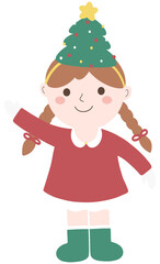 Happy little girl with Christmas tree headband.Kid cartoon character wearing Christmas theme outfit.