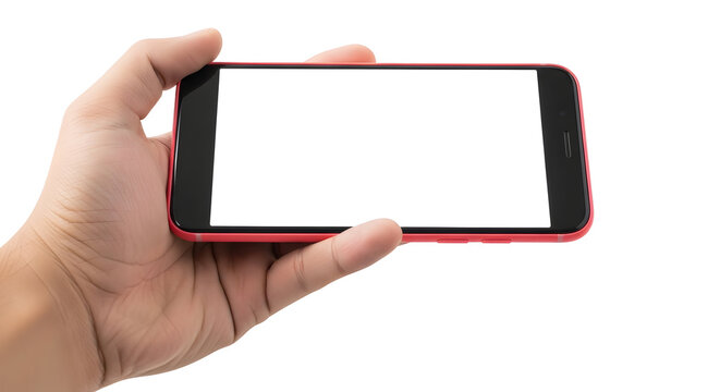 Hand holding a red smartphone with a blank white screen, ready for content
