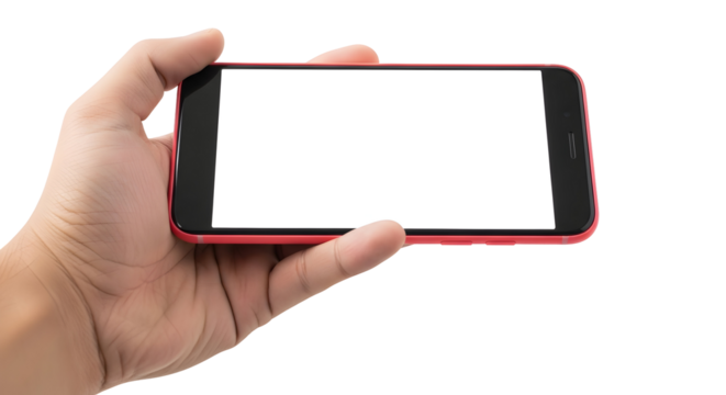 Hand holding a red smartphone with a blank white screen, ready for content