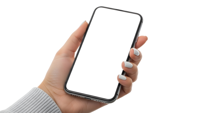 Hand holding a blank screen smartphone, perfect for showcasing app interfaces or digital content