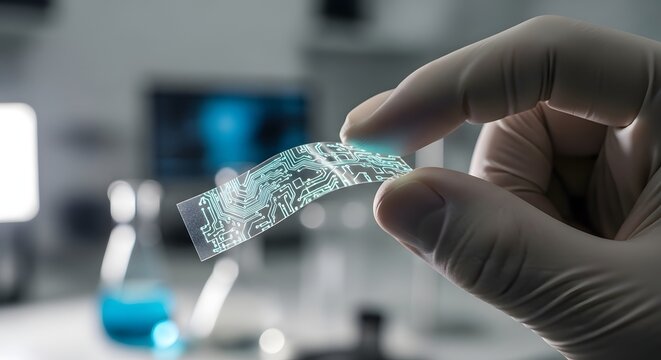 Scientist Holding Transparent Circuit Chip in Laboratory with Modern Equipment - Powered by Adobe
