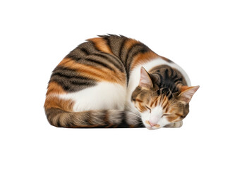 Curled up calico cat sleeping peacefully. isolated on transparent background