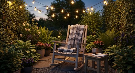 Obraz premium Cozy backyard rocking chair with string lights at dusk garden evening