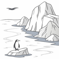 A lone penguin stands on an ice floe in a cold arctic landscape with icebergs and a soaring bird