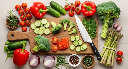 Freshly prepared vegetables arranged on a wooden cutting board with a knife.