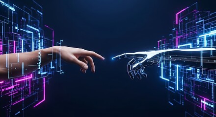 Robot hand and human hand touching in a symbolic connection.