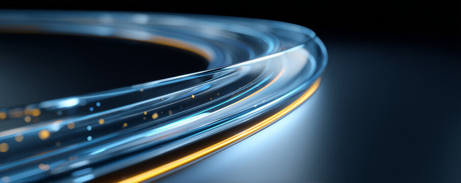 Dynamic blue and gold light trails convey cutting edge technology, innovation, and futuristic design for science, data, or network concepts