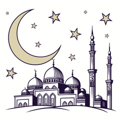 Stylized islamic mosque with crescent moon and stars in a minimalist line art style