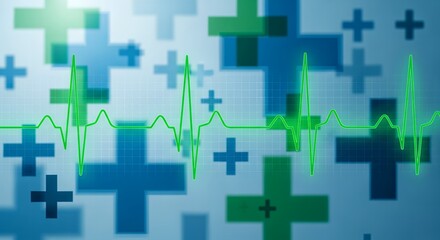 Green ECG line over abstract blue and green medical cross background, representing healthcare and cardiology.