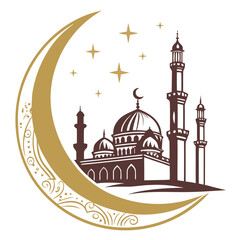 Elegant islamic crescent moon and mosque silhouette with stars symbolizing faith and cultural heritage