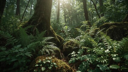 Lush Forest Floor Ferns And Moss Covered Tree