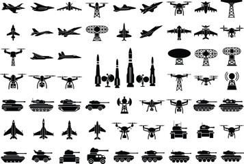 Naklejka premium Military aircraft, tanks, drones, missiles, radar and communication tower silhouettes vector set. Army vehicles, air force jets, defense weapons, war equipment illustration