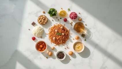Various Dishes And Ingredients On A Marble Background