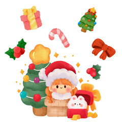 Cute Watercolor Santa Girl Illustration with Christmas Tree and Holiday Elements