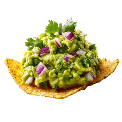 Delectable Guacamole with Chips: A close-up shot of a vibrant bowl of fresh guacamole, generously garnished with cilantro and diced red onions, resting on a crispy tortilla chip.