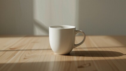 Minimalist White Mug On Wood Surface With Sunlight
