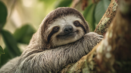Naklejka premium A contented sloth rests on a tree branch surrounded by lush green foliage image