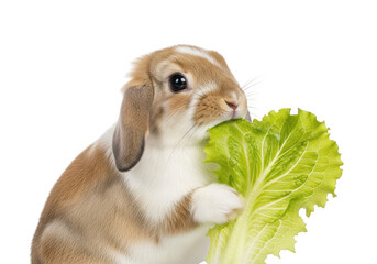 Lop-eared rabbit eating fresh green lettuce isolated on transparent background