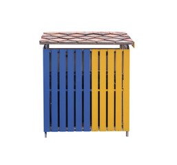 Yellow and blue wood trash tank and brown roof isolated on white background , clipping path