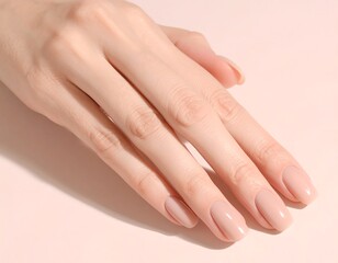 Fototapeta premium Close-up studio shot of a hand showcasing manicured nails against a soft pink background